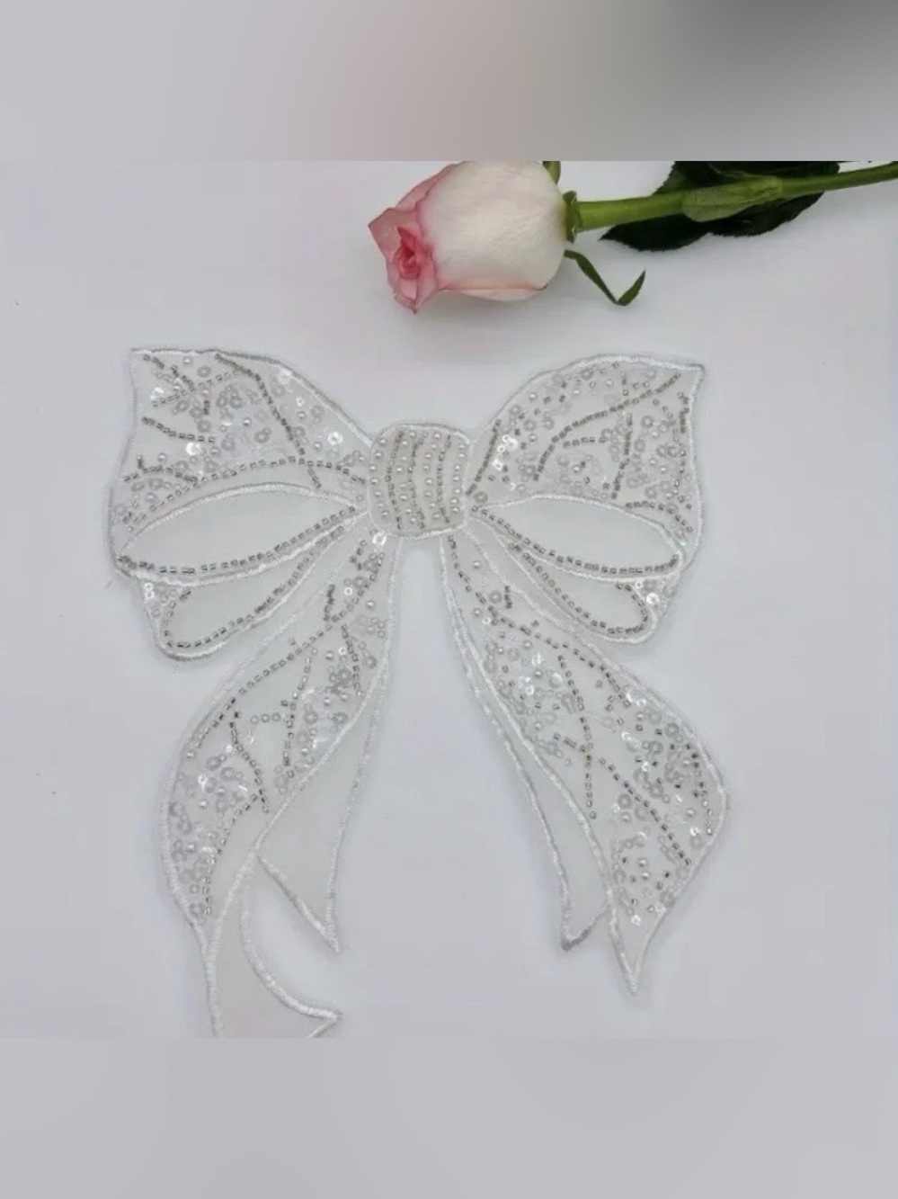 White Pearls Sequins Appliqué Bow Craft & Clothing Embellishment New